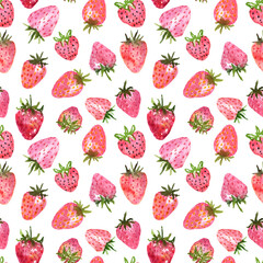 Fototapeta na wymiar Watercolor pink and red strawberries seamless pattern. Watercolor hand painted illustration of summer berries and fruits on white background. Childish cute print for design