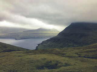 Amazing view in Faroe Islands (Denmark, Europe). Beautiful Panoramic Scene Of Nordic Islands