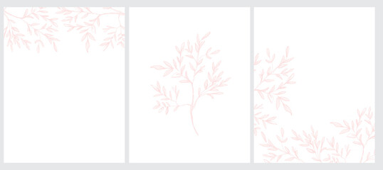 Set of 3 Sketched Twigs Vector Illustration. Pink Tree Branches Isolated on a White Background. Simple Elegant Wedding Cards. Floral Hand Drawn Blanks. Illustration Without Text.