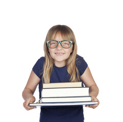 Beautiful little student with glasses and many books