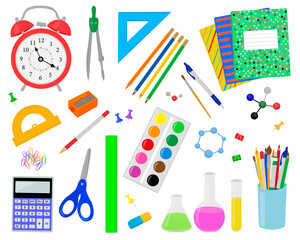 Set Back to school stationery notebooks pencils pens paper clips eraser alarm clock protractor sharpener flask scissors calculator compass flasks alarm clock vector illustration