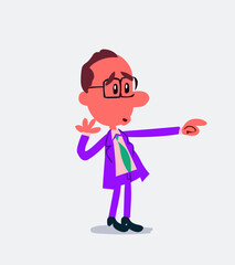 Surprised businessman points to something in isolated vector illustration 