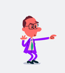 Surprised businessman points to something in isolated vector illustration
