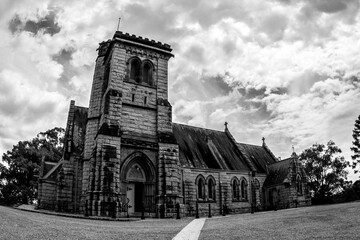 Old stone ancient Catholic Church in Australia. Black and white image