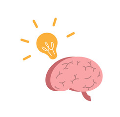 Brain and lamp flat illustration,  a hand drawn vector flat illustration of ideas and creativity concept.