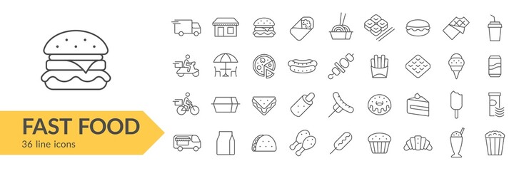 Fast food line icon set. Isolated signs on white background. Vector illustration. Collection