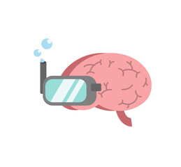 Brain in deep thoughts state, a hand drawn vector flat design illustration of a brain wearing diving googles dives deep in thought.