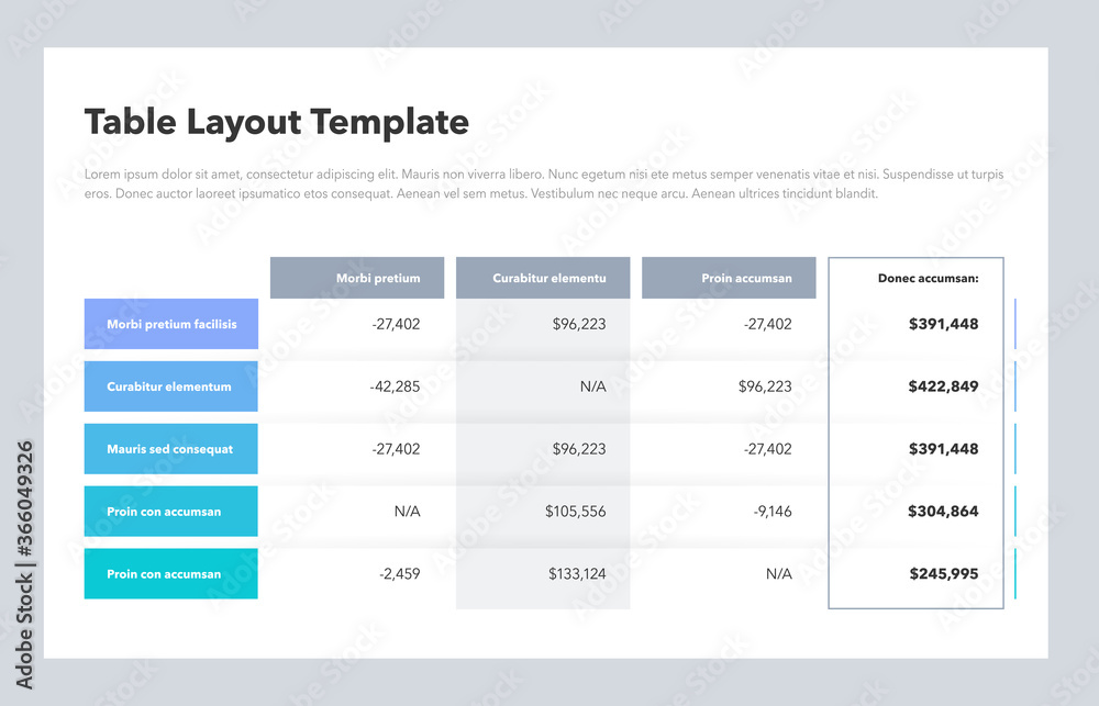 Poster Modern business table layout template with the total sum column and place for your content. Flat design, easy to use for your website or presentation.