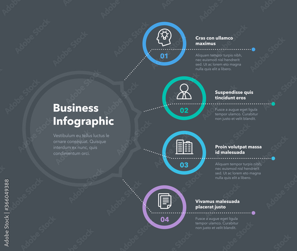 Poster Simple concept for business diagram with four steps and place for your description - dark version. Flat infographic design template for website or presentation.