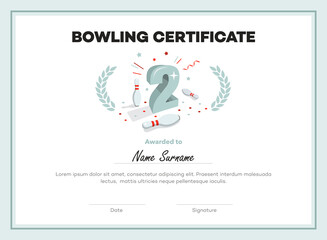 Modern second place bowling certificate diploma with place for your content. Isolated on white background.