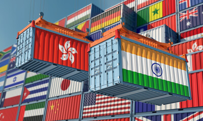 Freight containers with Hong Kong and India flag. 3D Rendering 