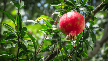 Ripe pomegranate fruit on tree branch in the garden in summer