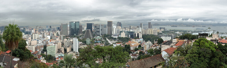 Rio de Janeiro, Brazil: panoramic view North from the Ruins Park in Santa Teresa, on the city center, with the modern Sao Sebastiao church in the middle.