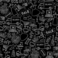 Online shopping seamless pattern. White hand drawn e-commerce objects isolated on black background. Vector illustration.