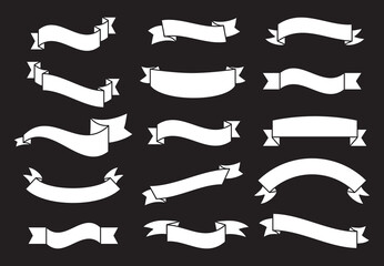 Banners and ribbons set isolated on black background. Collection of trendy banners and ribbons for web site, tag, label, sticker, and badge. Creative art concept, vector illustration