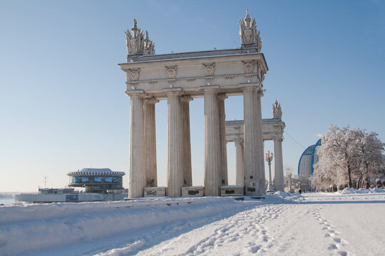 Volgograd, Russia - December 22, 2009: Winter on the Central embankment of the Volga river in Volgograd