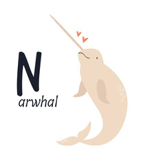 Funny image of narwhal and letter N. Zoo alphabet collection. © danceyourlife