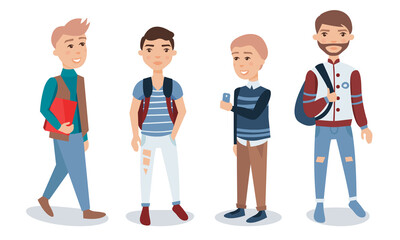 Male Student with Backpack Standing and Walking Vector Illustration Set