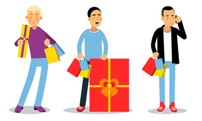 Man Character Carrying Bright Shopping Bags and Gift Boxes Vector Illustration Set