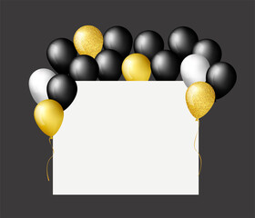 Black, white, gold and with confetti balloons set with white background for your text. Design elements for sale, party, birthday or anniversary. Vector illustration.