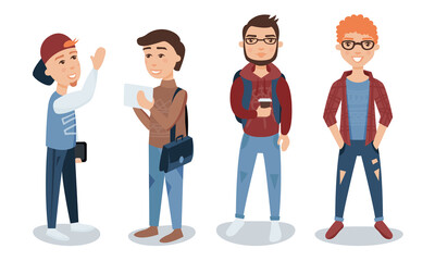 Male Student with Backpack Standing and Walking Vector Illustration Set