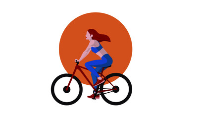 The woman rides a bicycle. Illustration concept for a healthy lifestyle, freedom of movement. Vector illustration in a flat style.