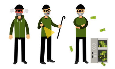 Smirking Male Burglar or Robber in Black Mask Stealing Money from Cash Box Vector Illustration Set