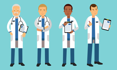 Smiling Man Doctors Wearing Medical Uniform Vector Illustrations Set