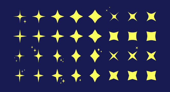 Star burst twinkle pattern icon set. Yellow star shaped sparkle pattern collection isolated on blue background. New year celebration decoration, birthday party festive graphic design
