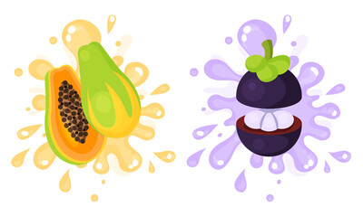 Juicy Cut Fruits with Pulpy Splashes and Blots Vector Set