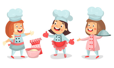 Little Girl Characters in Chef Uniform Baking Vector Illustration Set