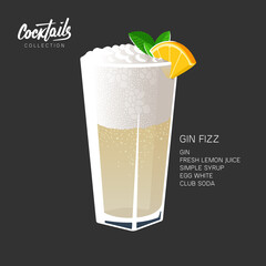 Gin Fizz cocktail glass mint leaf orange illustration