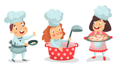 Little Boy and Girl Characters in Chef Uniform Baking and Cooking Vector Illustration Set