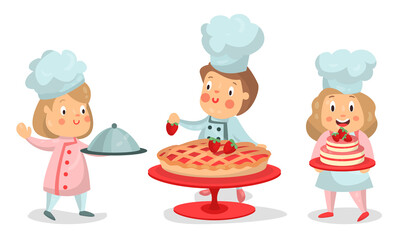 Little Boy and Girl Characters in Chef Uniform Baking and Cooking Vector Illustration Set