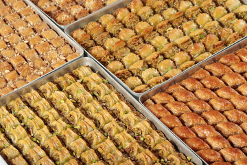 Traditional Dessert Turkish Baklava. Walnut, Pistachio Turkish Style Antep Baklava Presentation. Baklava from Turkish cuisine.