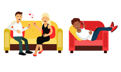 People Characters Resting on Couch Vector Illustration Set