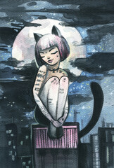 Beautiful cat woman walks on the roofs of the night city. 
Cat woman with tattoos on her body. Watercolor illustration.