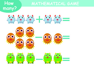 examples of addition and subtraction with cute monsters. educational page with mathematical examples for children.