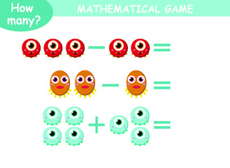 examples of addition and subtraction with cute monsters. educational page with mathematical examples for children.