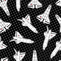Vector Space Shuttles in Black and White with Stars on Black Background Seamless Repeat Pattern. Background for textiles, cards, manufacturing, wallpapers, print, gift wrap and scrapbooking.