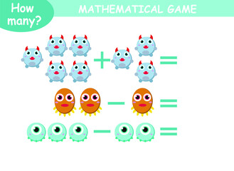 examples of addition and subtraction with cute monsters. educational page with mathematical examples for children.