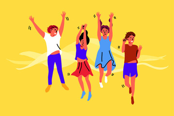 Celebration, friendship, happiness concept. Group young cheerful happy children kids boys girls friends cartoon character jumping together. Active lifestyle recreation having fun celebrating victory.
