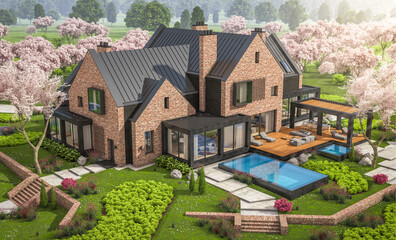 3d rendering of modern cozy clinker house on the ponds with garage and pool for sale or rent. Fresh spring day with a blooming trees with flowers of sakura on background.