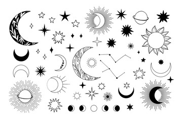 Modern hand drawn vector illustration of planet, star, sun, comet. Universe line drawings. Solar system and Cosmos. Trendy space signs with floral motifs, constellation, moon phases