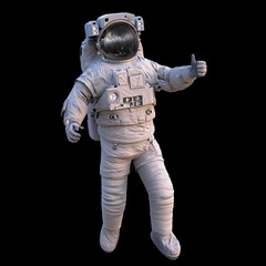 astronaut showing thumbs up during spacewalk, isolated on black background