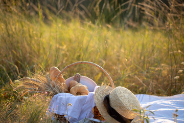 Picnic in nature. A basket of food on a mat. Hat with a basket of food
