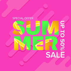 summer sale modern color design template banner or poster. Vector Summer sale label with typographic text isolated on abstract pink background