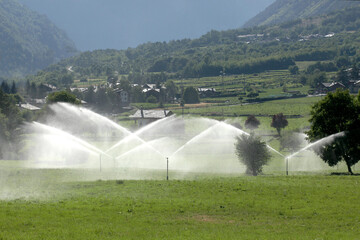 irrigation system on a mountain village with copy space for your text