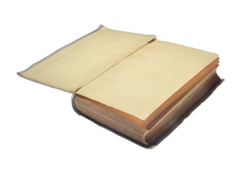 Open vintage book on white background