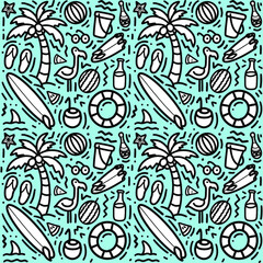 Colorful seamless summer pattern with hand drawn beach elements such as sunglasses, palm, watermelon slice, coconut, bottle, starfish, flamingo, lifebelt. Fashion print design, vector illustration